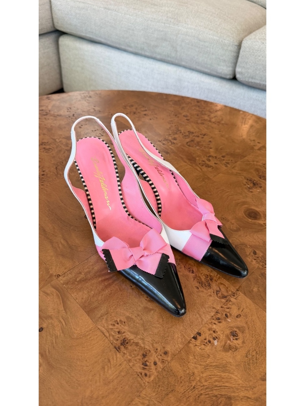 Beverly Feldman Women's Slingback Heels with Pink Bow Accent Size 7